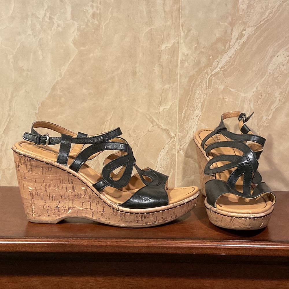 boc Black Strappy Cork Wedges, Size 10